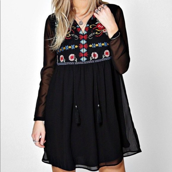 Boohoo Dresses & Skirts - Boohoo Black Embroidered Tassel Smock Dress